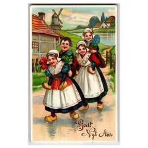 Vintage Dutch Children Windmill Christmas Postcard Good Nytt Aar